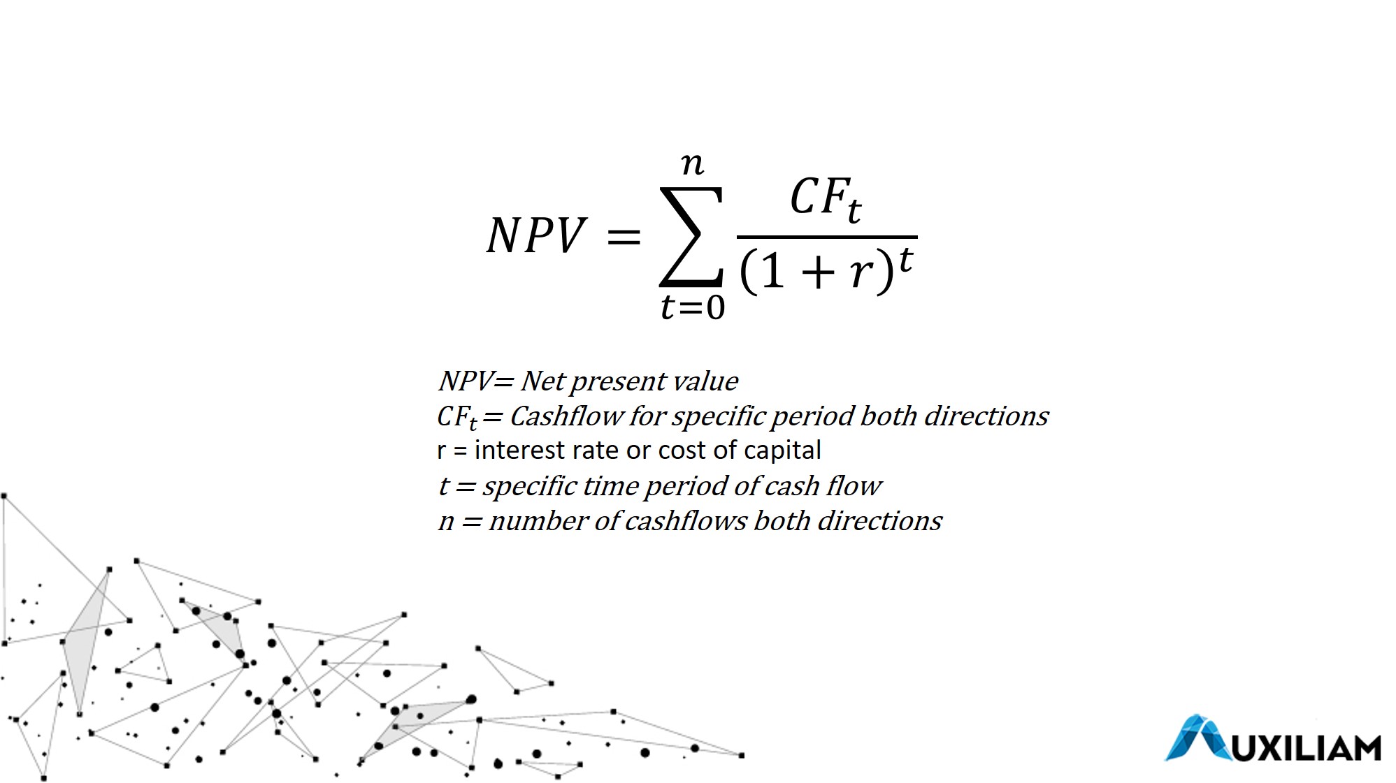 Formula for calculating the net present value NPV